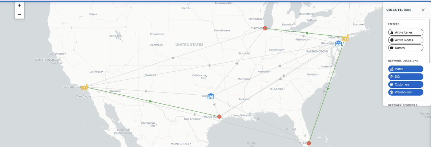 Optimized national distribution network with plants, distribution centres and customers, and filters for lanes, nodes and location types.